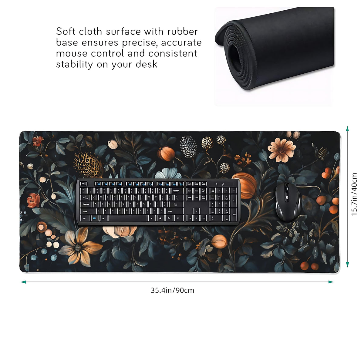 Floral Aesthetic Flower Bud Gaming Mouse Pad, Black Dark Botanical Desk Mat with Anti-Slip Base &