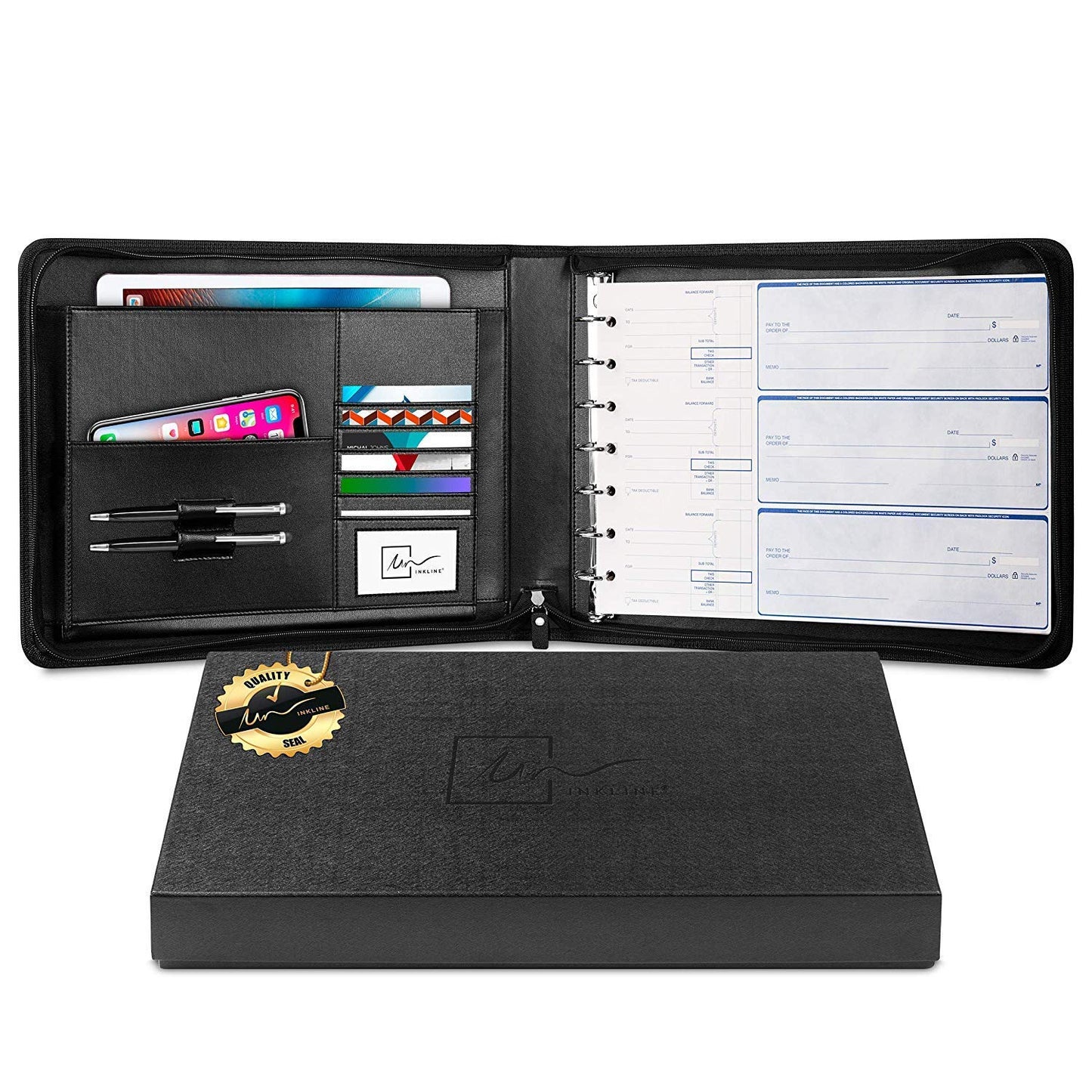 Inkline 7 Ring Check Binder Portfolio -Professional PU Leather Binder with Zippered Closure -500