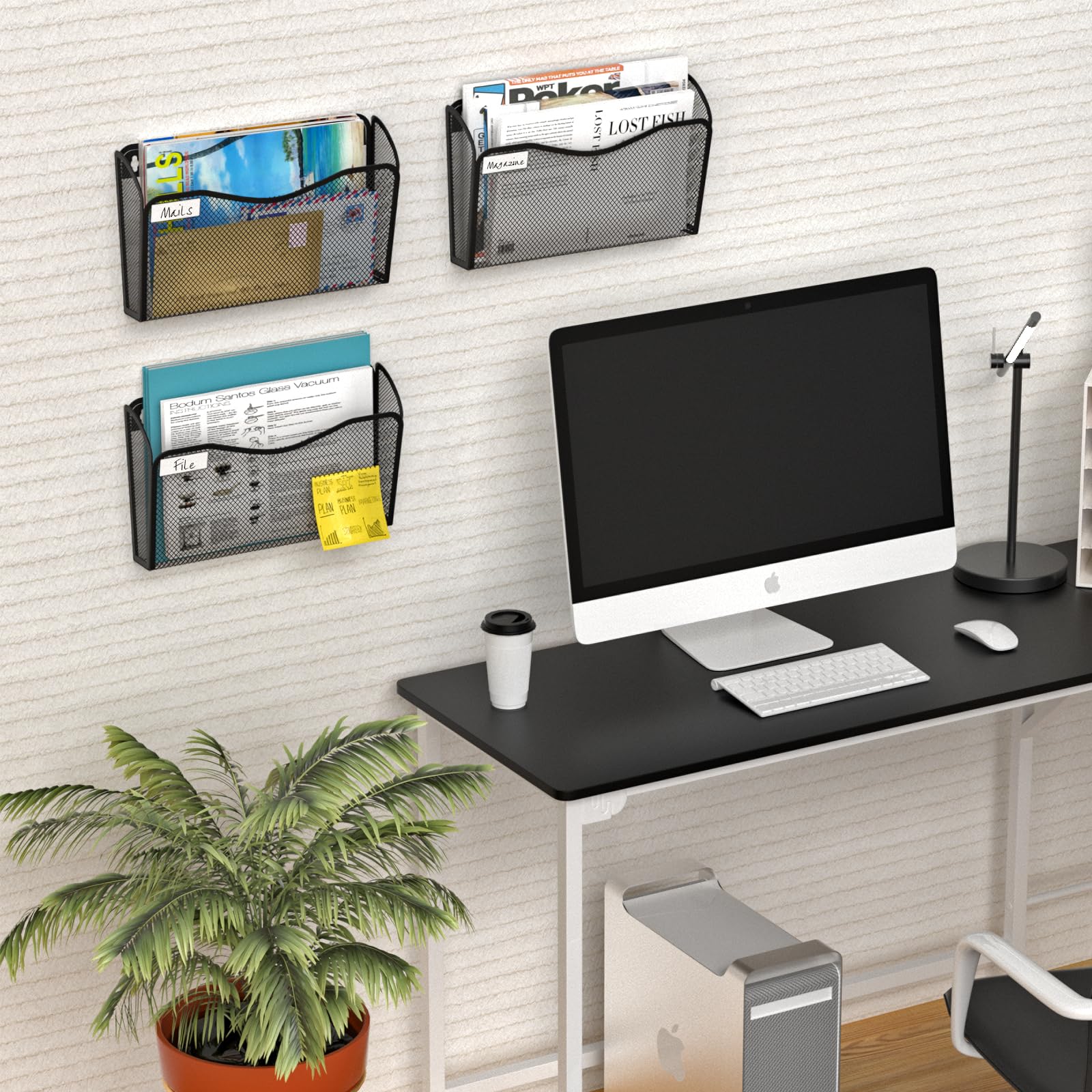 BOHDK Wall File Organizer, 3 Single Pockets Mesh Hanging File Organizer, Mount Document Magazine