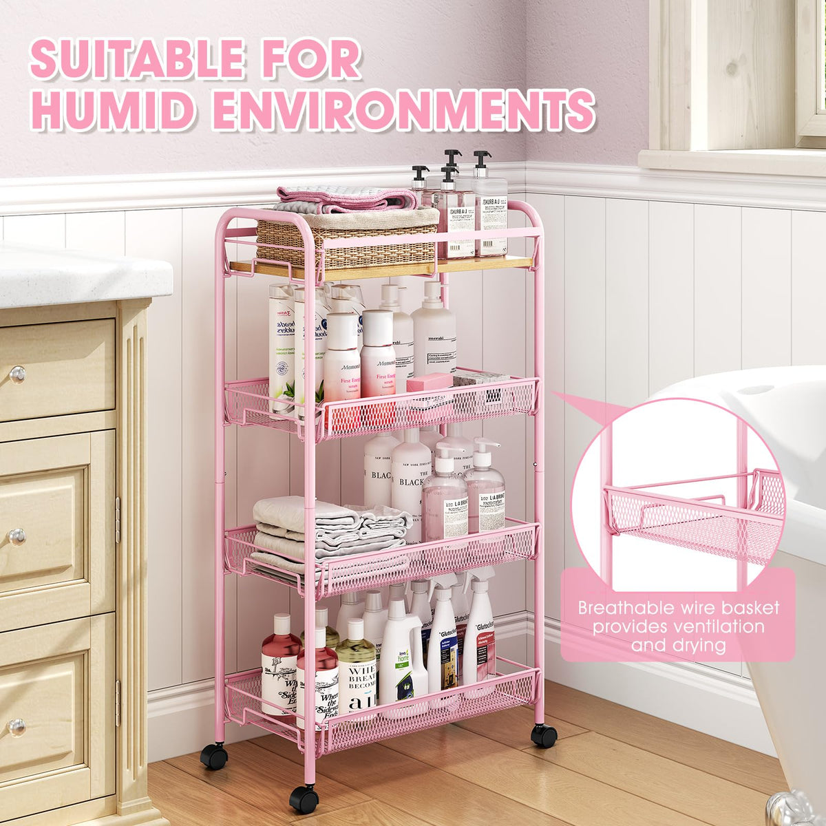 TOOLF 4-Tier Rolling Cart, Metal Utility Cart, Slide Out Storage Cart with Wooden Tabletop and Mesh
