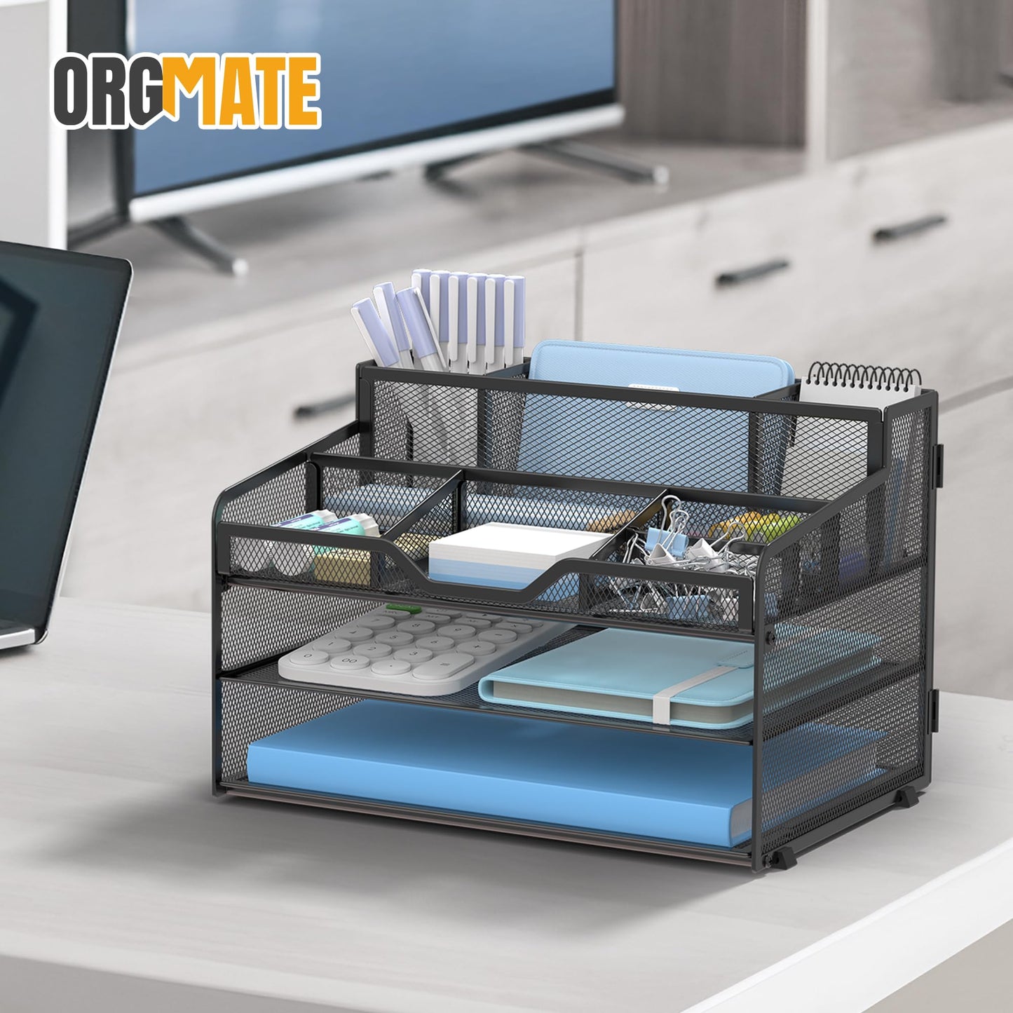 OrgMate 3 Tier Mesh Paper Desk Organizer with Pen Holders, Black