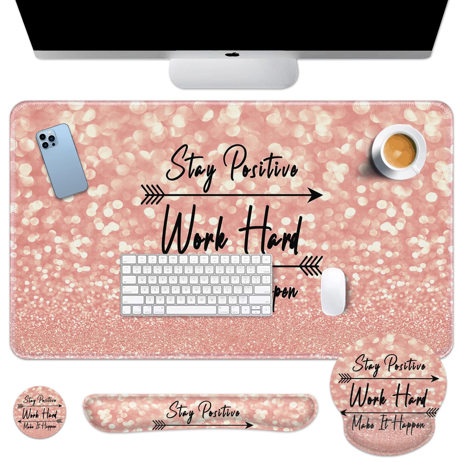 Arttown Keyboard Mouse Pad Set, 4 in 1 Desk Mat Set Rose Gold