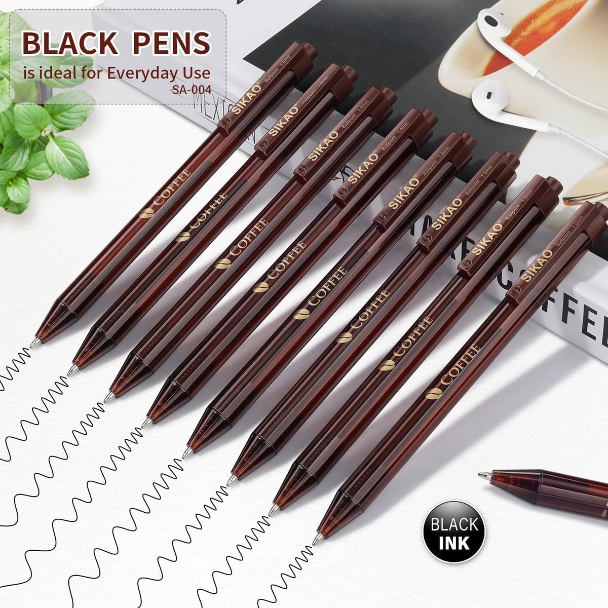 Sikao Black Pens Bulk, 60 Pack Retractable Ballpoint Pens “COFFEE”