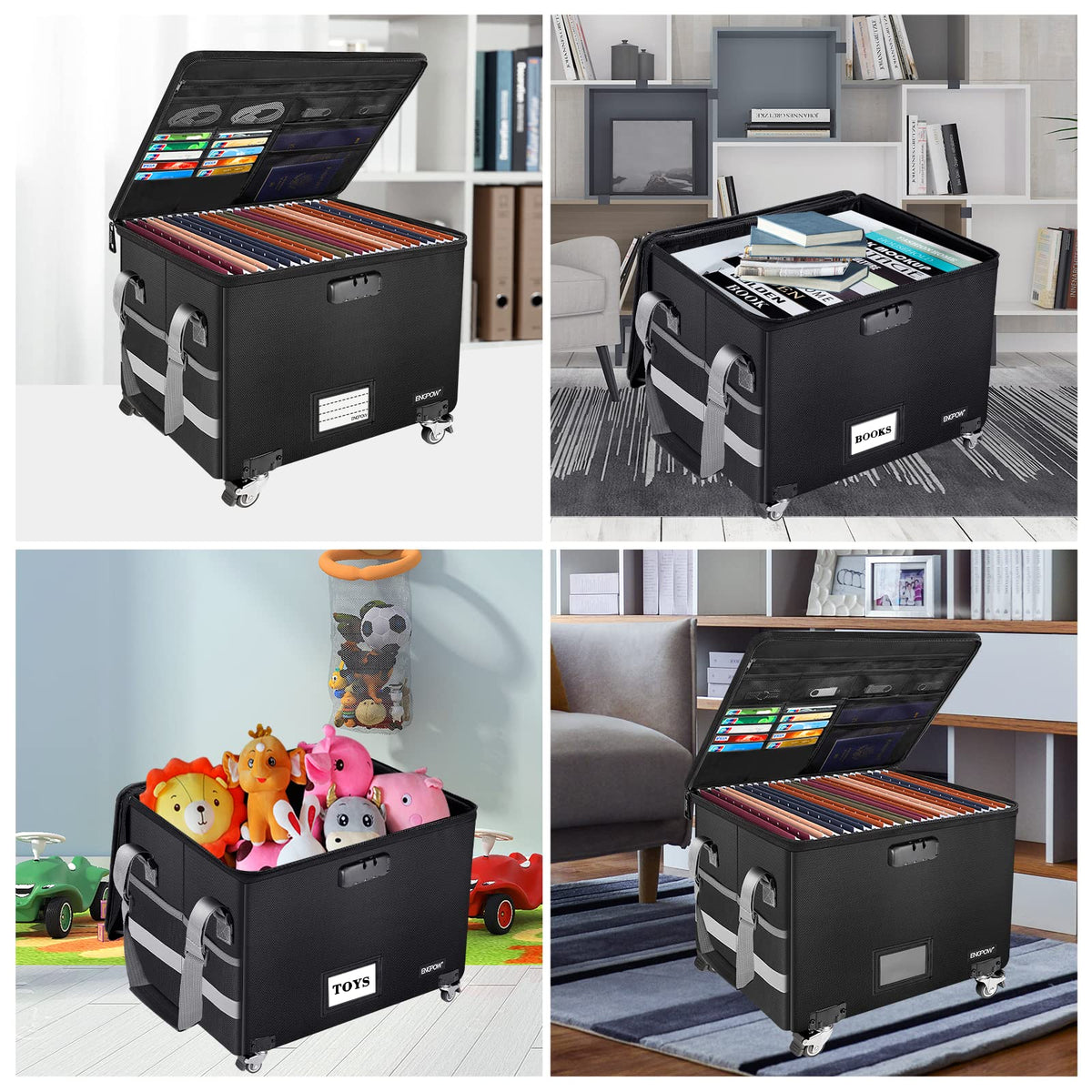 ENGPOW Fireproof Document Box with Wheels, Collapsible File Box with Lock, Rolling File Storage