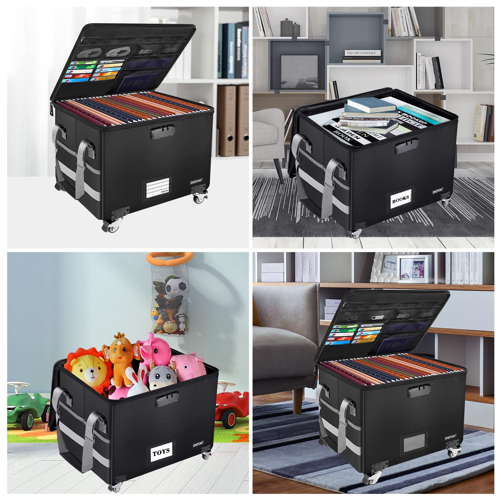 ENGPOW Fireproof Document Box with Wheels, Collapsible File Box with Lock, Rolling File Storage