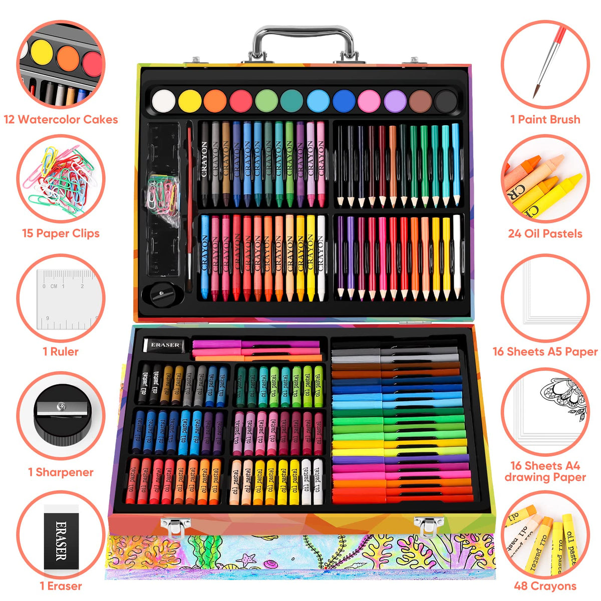 Soucolor 183 Art Drawing Painting Kit, Crayons Pastels Markers, Wooden Case