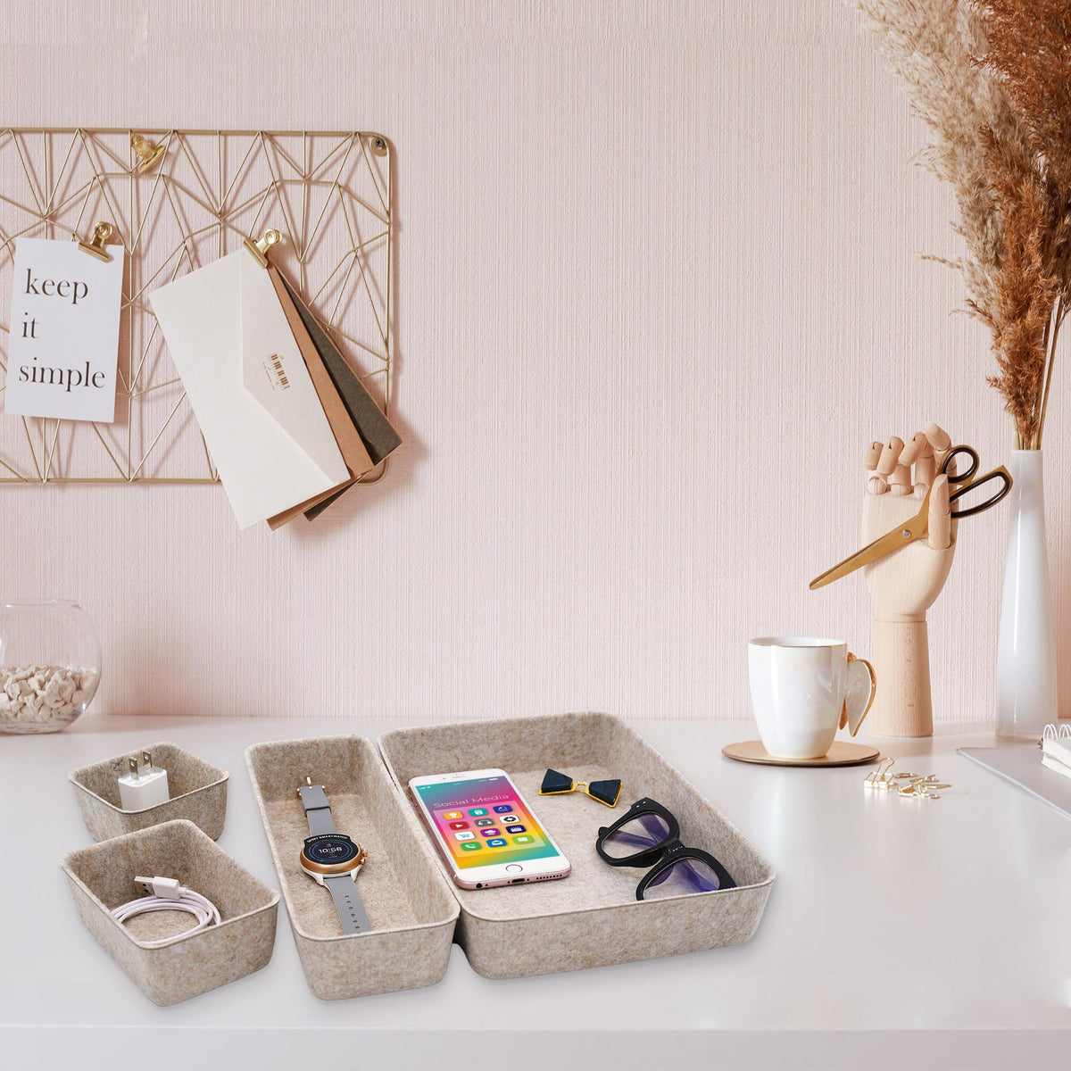 Welaxy 8pc Nordic Felt Desk Drawer Organizer Tray Beige Oatmeal Storage Bin