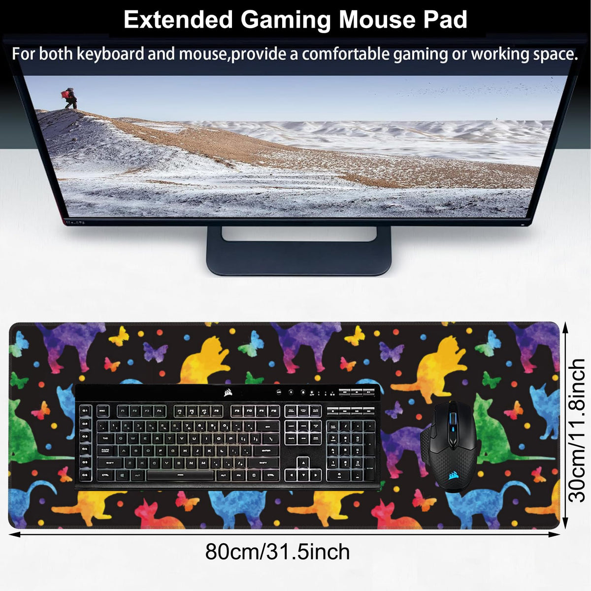 Colorful Cats and Butterflies Desk Mat,Large Watercolor Kittens Butterfly Gaming Keyboard Mouse