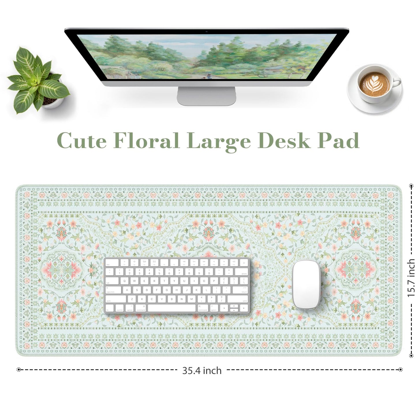 HAOCOO Light Green Floral Desk Pad, 35.4" x 15.7" Mousepad for Home Decor