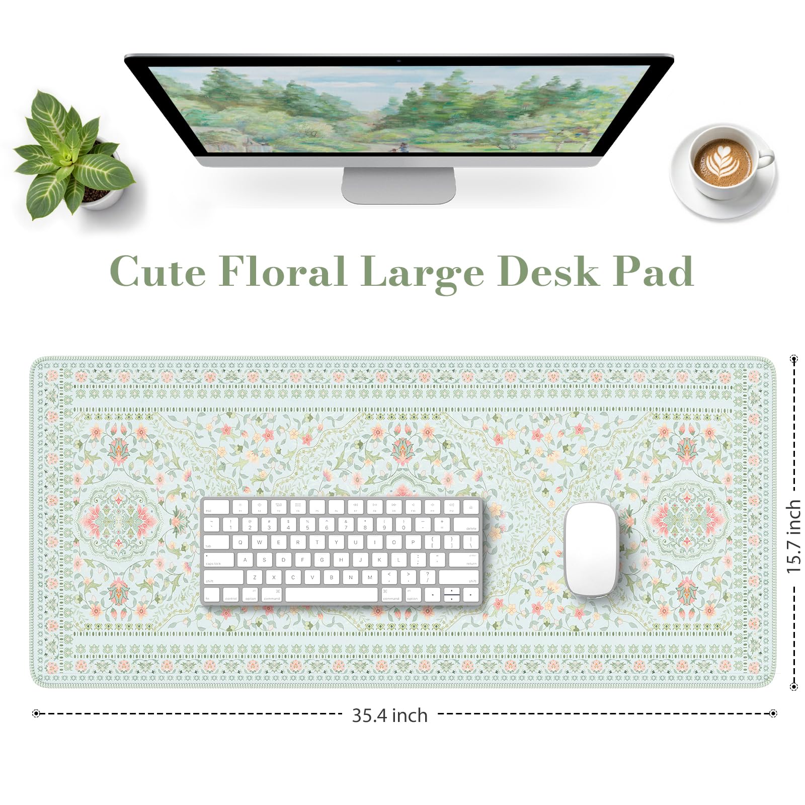 HAOCOO Light Green Floral Desk Pad, 35.4" x 15.7" Mousepad for Home Decor