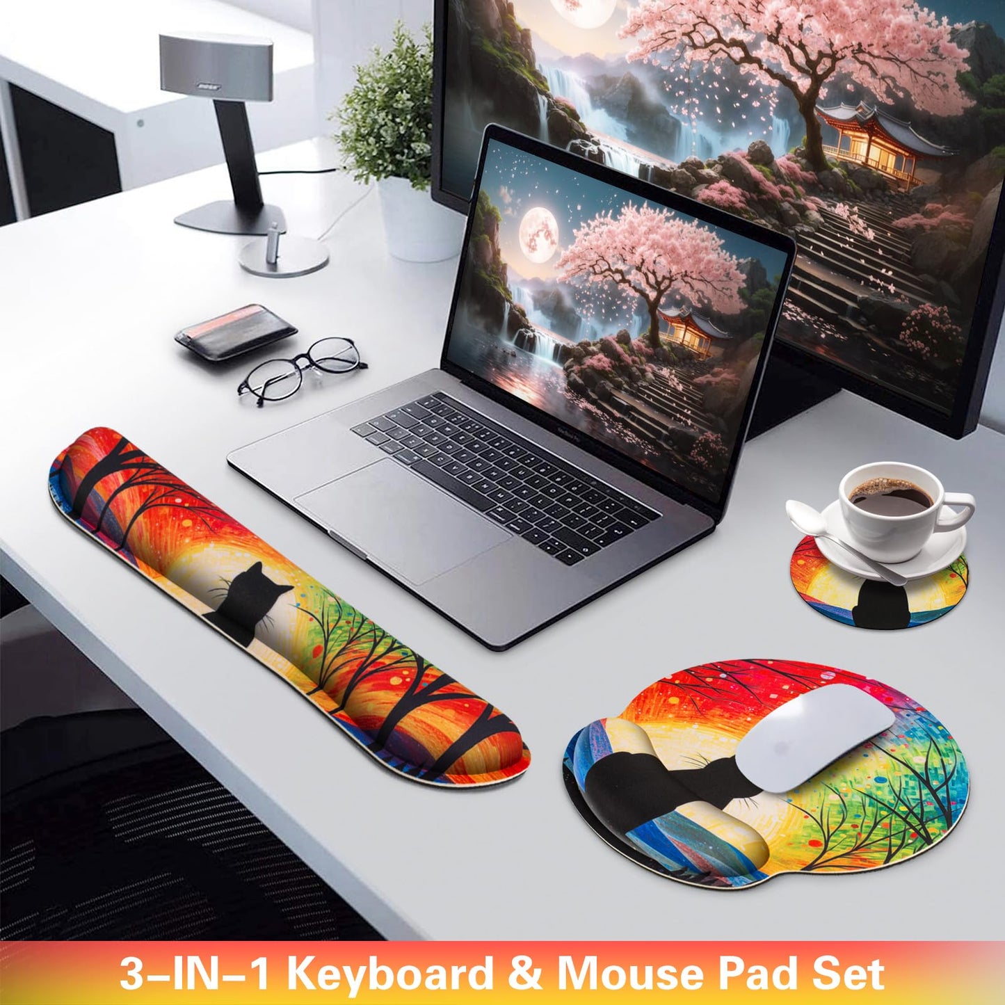 3-in-1 Mouse Pad with Wrist Rest Cute Black Cat Set