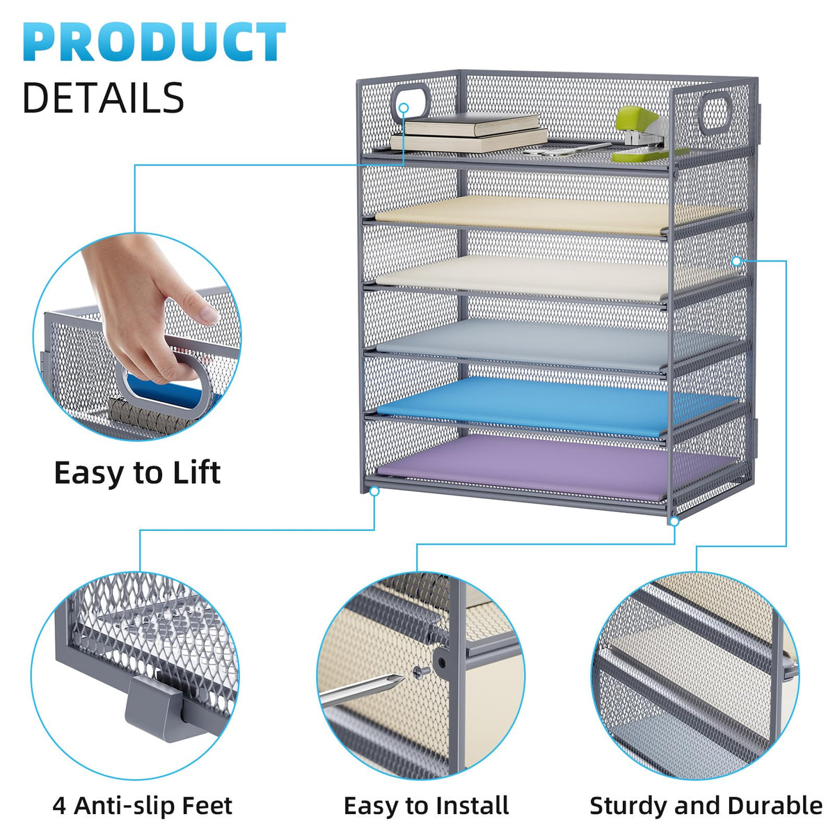 Marbrasse 6 Tier Paper Organizer Letter Tray - Mesh Desk File Organizer with Handle, Paper Sorter