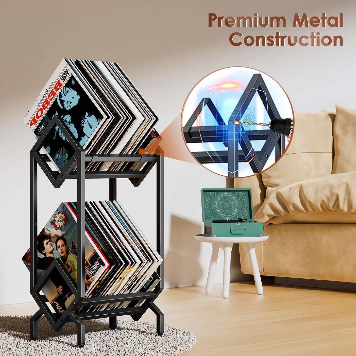 BOEASTER Vinyl Record Storage Rack, Record Holder 160-200 LP Storage Shelf Display Stand for Albums