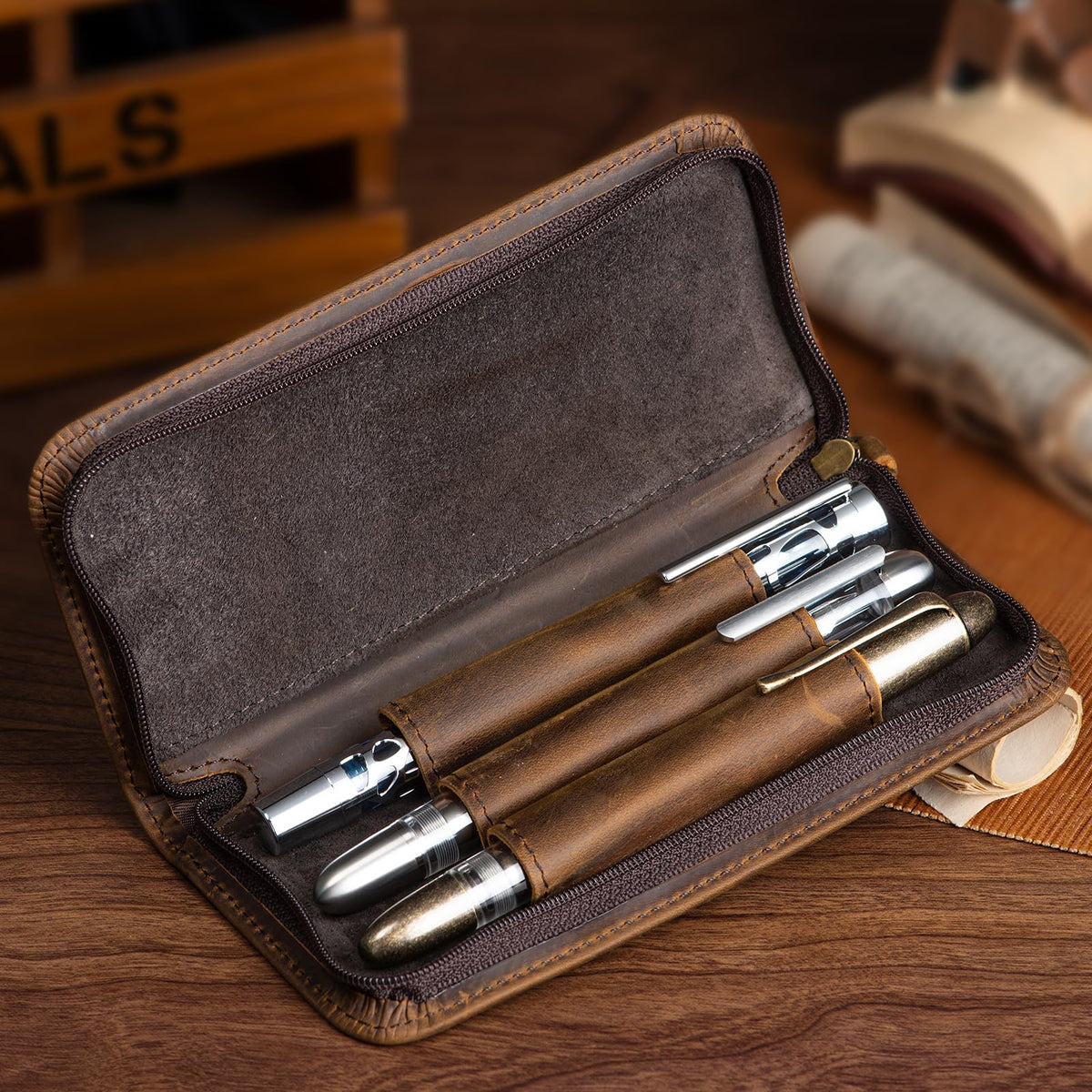 Lanxivi Vintage Leather Fountain Pen Case 3 Divided Slots, Zippered Pen Case Pouch, Handmade