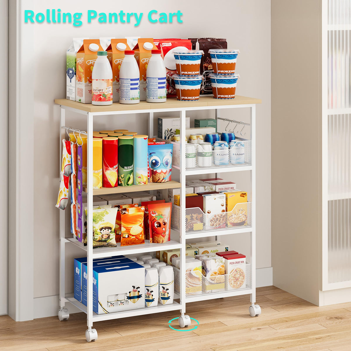 HapiRm Rolling Kitchen Carts with Storage - Microwave Table Stand with 6 Hooks & 3 Baskets, kitchen