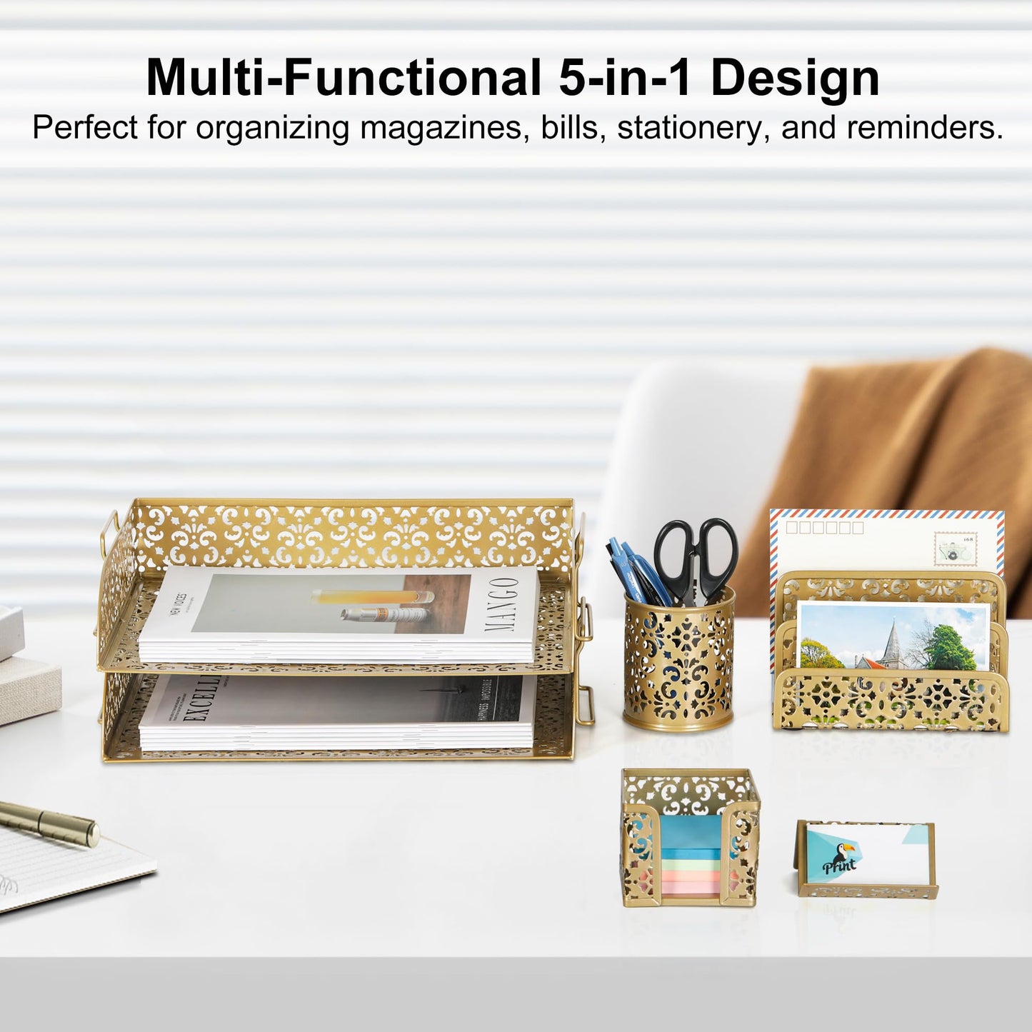 EasyPAG Desk Organizers and Accessories 5 Pieces Office Supplies Set - 2 Tier Paper Tray, Pencil
