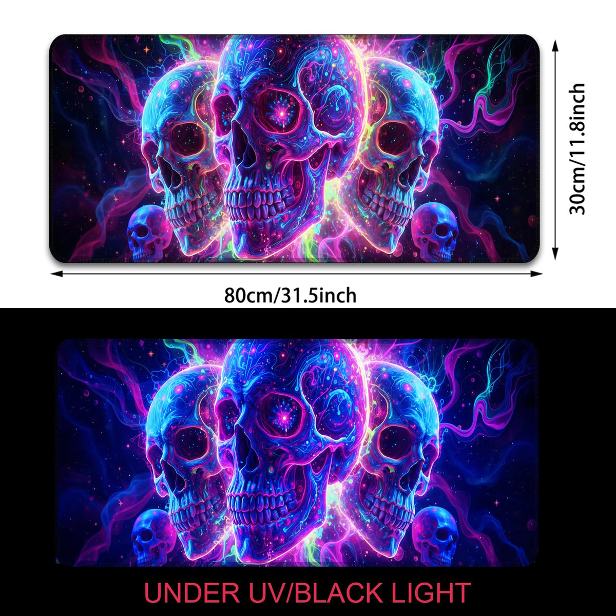 Manicer Blacklight Skull Mouse Pad – UV Reactive Neon Glow Gaming Desk Mat, Colorful Skeleton