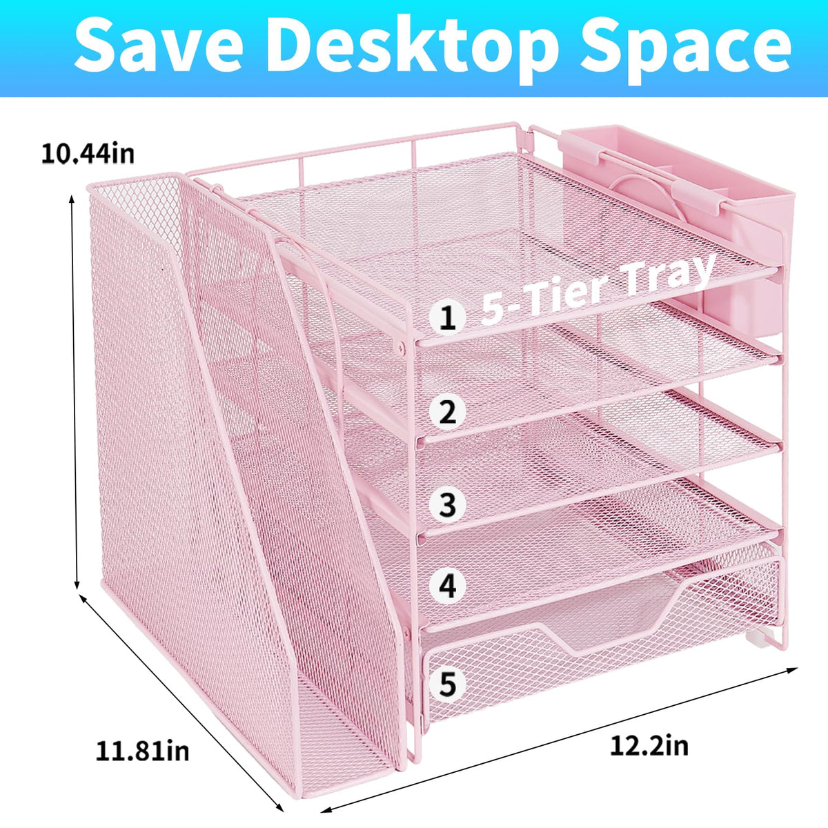 Gugsey 5-Tier Desk File Organizer with Drawer & Pen Holder (Pink)