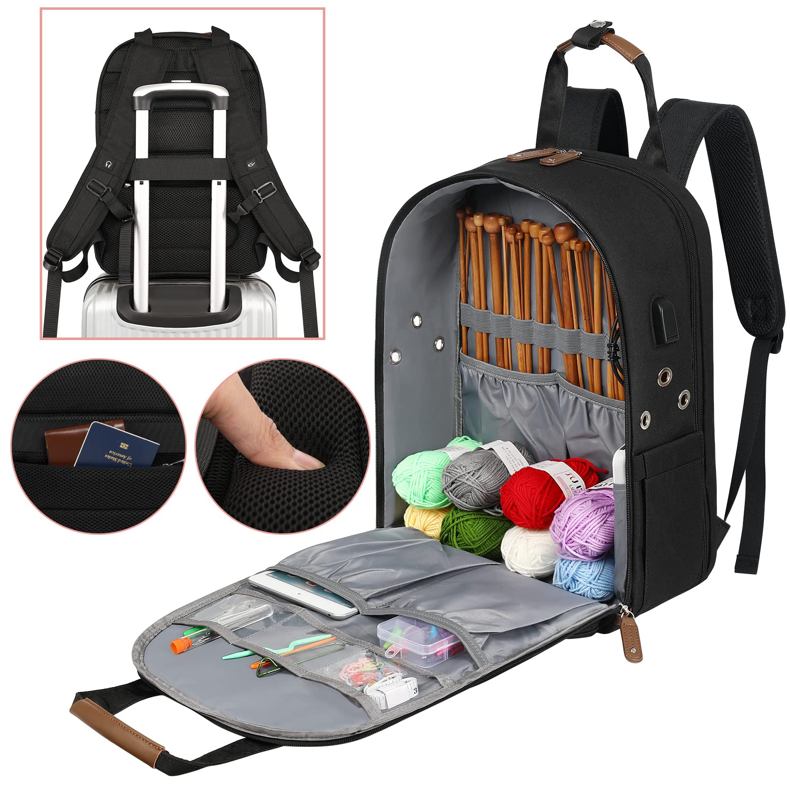 Crochet Bag Backpack,Knitting Bag Backpack and Totes Organizer with USB Charging Port, Large Yarn