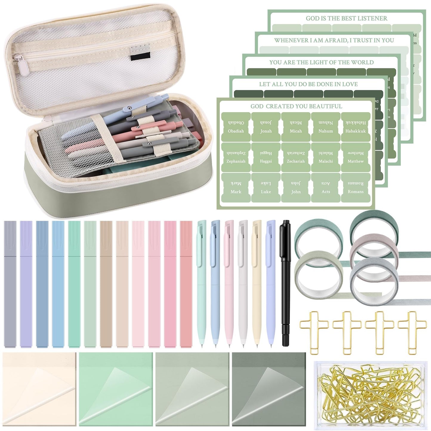 Dunzoom 137 Pcs Bible Study Supplies Journaling Kit 1 Pencil Case 12 Highlighters 4 Sticky Notes 6