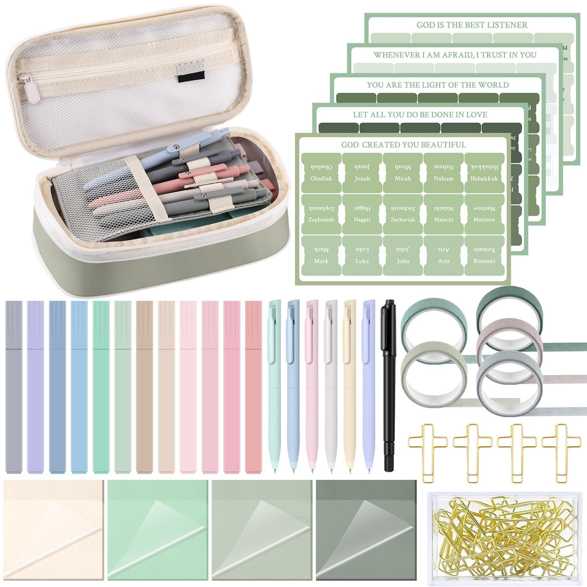 Dunzoom 137 Pcs Bible Study Supplies Journaling Kit 1 Pencil Case 12 Highlighters 4 Sticky Notes 6