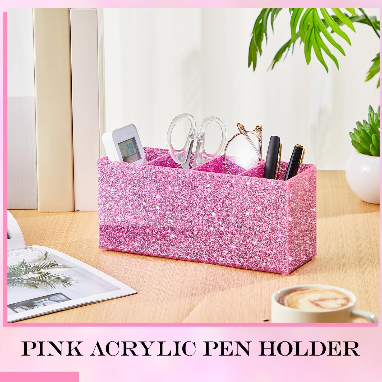 Jetec Acrylic Pen Holder for Girl Desktop, 4 Compartments, Sparkly Pink