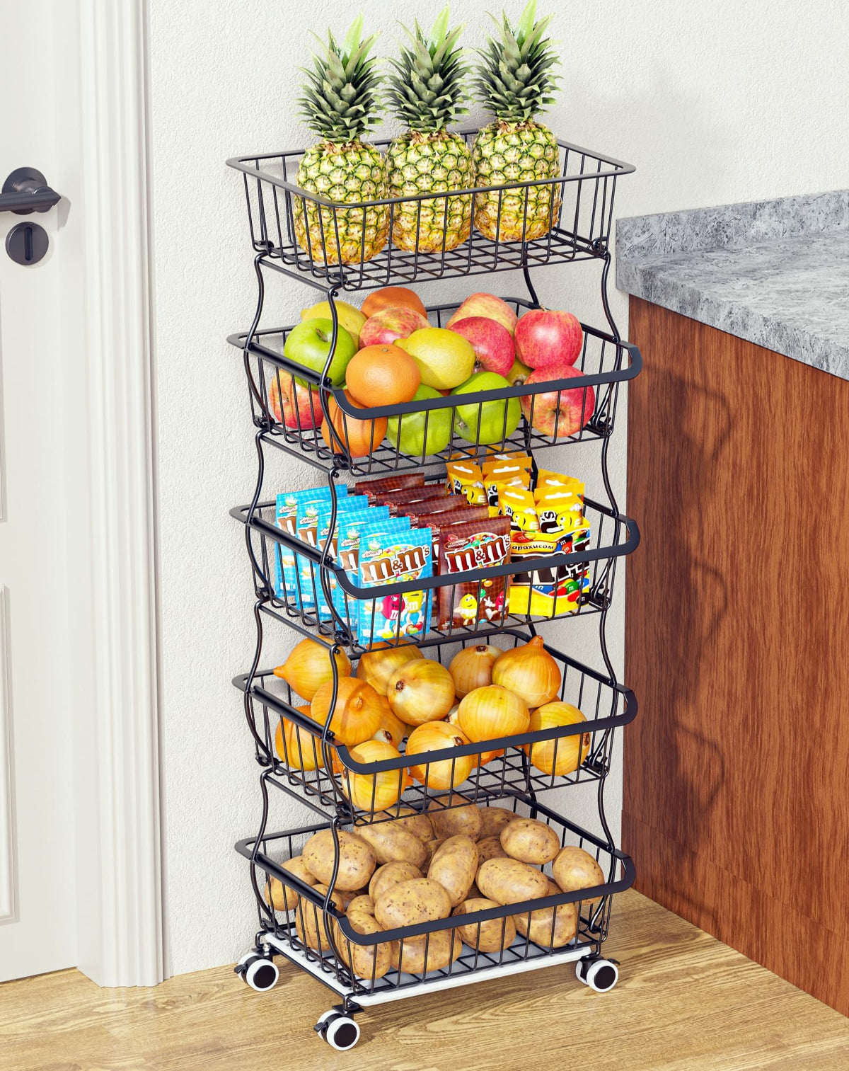 OKZEST 5 Tier Fruit Basket for Kitchen, Stackable Bins Wire Rack with Wheels, Fruit and Vegetable