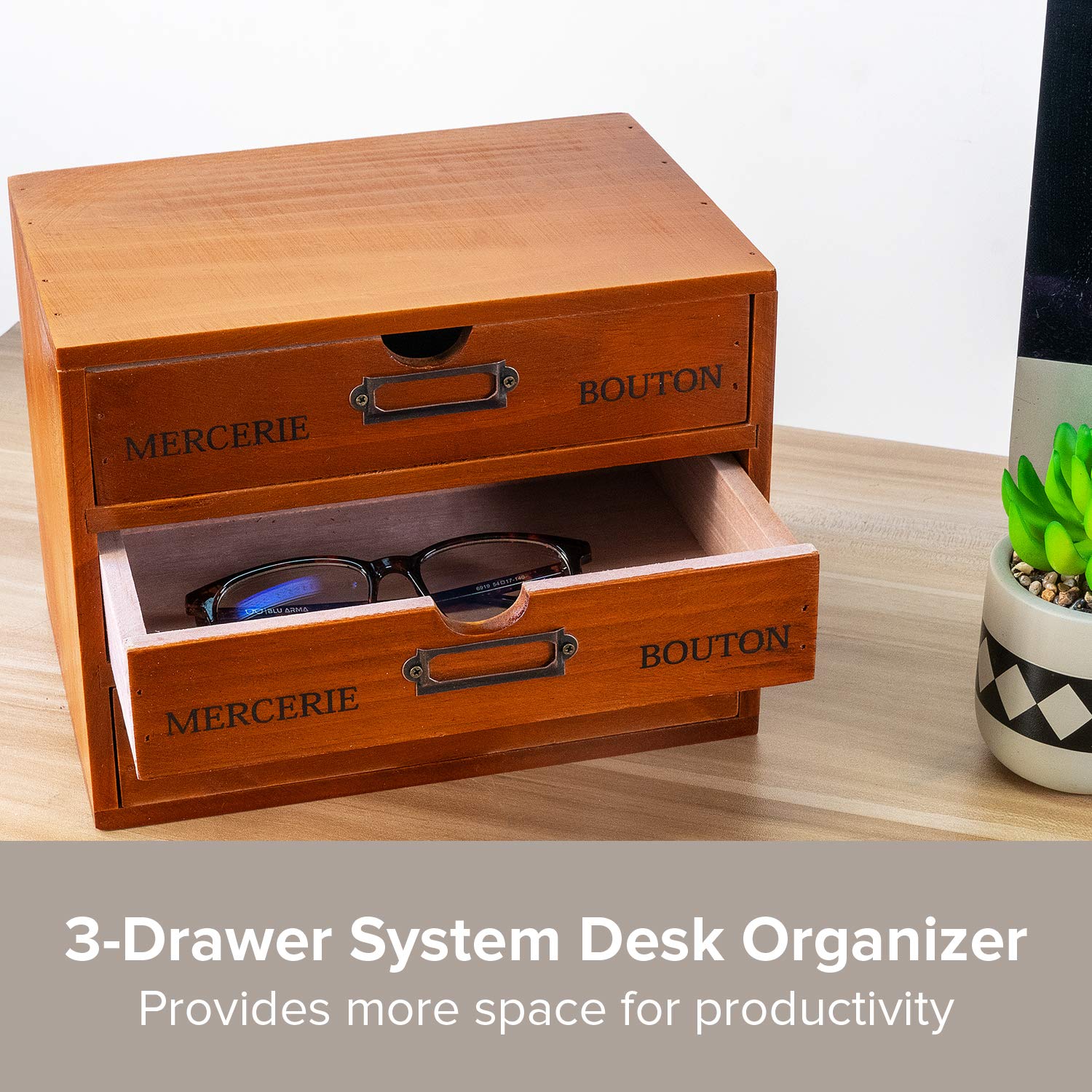 Vintage 3-Drawer Organizer for Desk - Wooden Box with 3 Storage Drawers - Solid Wood Table Top