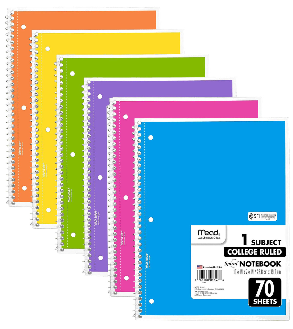 Mead Spiral Notebooks, 6 Pack, 1-Subject, College Ruled Paper, 10-1/2" x 8”, 70 Sheets per