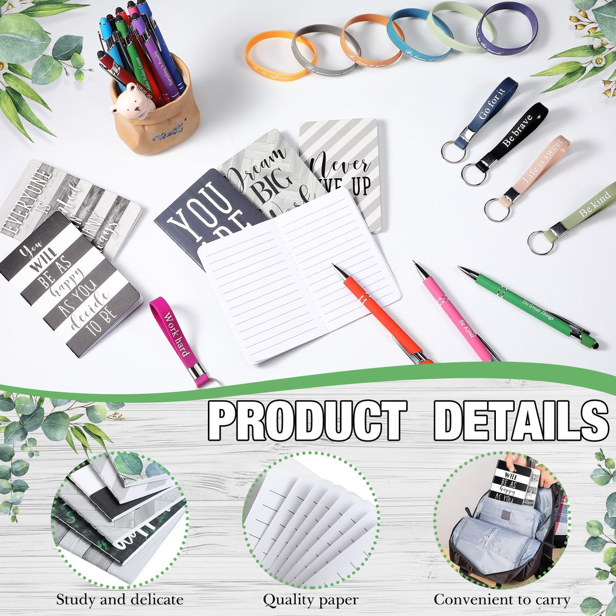 PerKoop 64 Pcs Inspirational Gift Bulk Notebooks Ballpoint Pen, Greenery