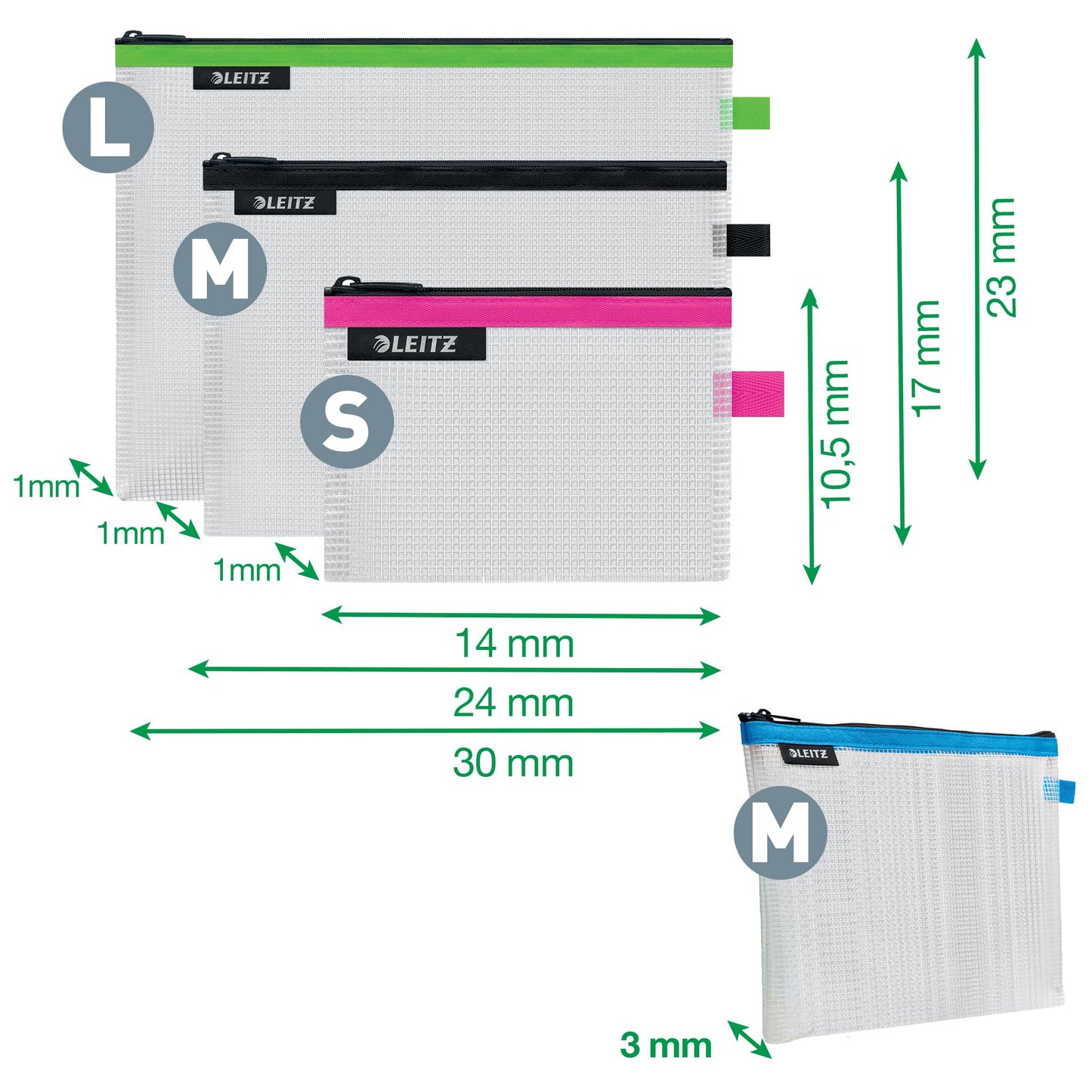 Leitz Set of 4 Leitz Wow Travel Pouches, Water Resistant, Translucent, Ideal for Visible Storage