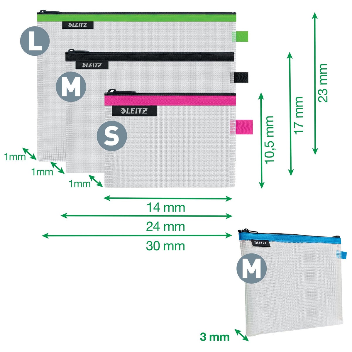 Leitz Set of 4 Leitz Wow Travel Pouches, Water Resistant, Translucent, Ideal for Visible Storage