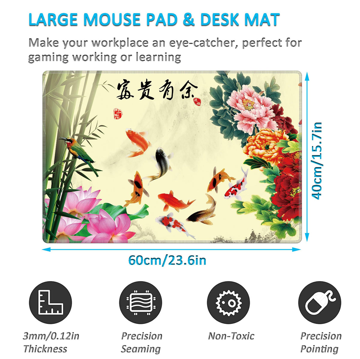 LL-COEUR XXL Landscape Gaming Mouse Pad Computer Keyboard Mat Office Desk Pad (Fish, 23.6" x 15.7"
