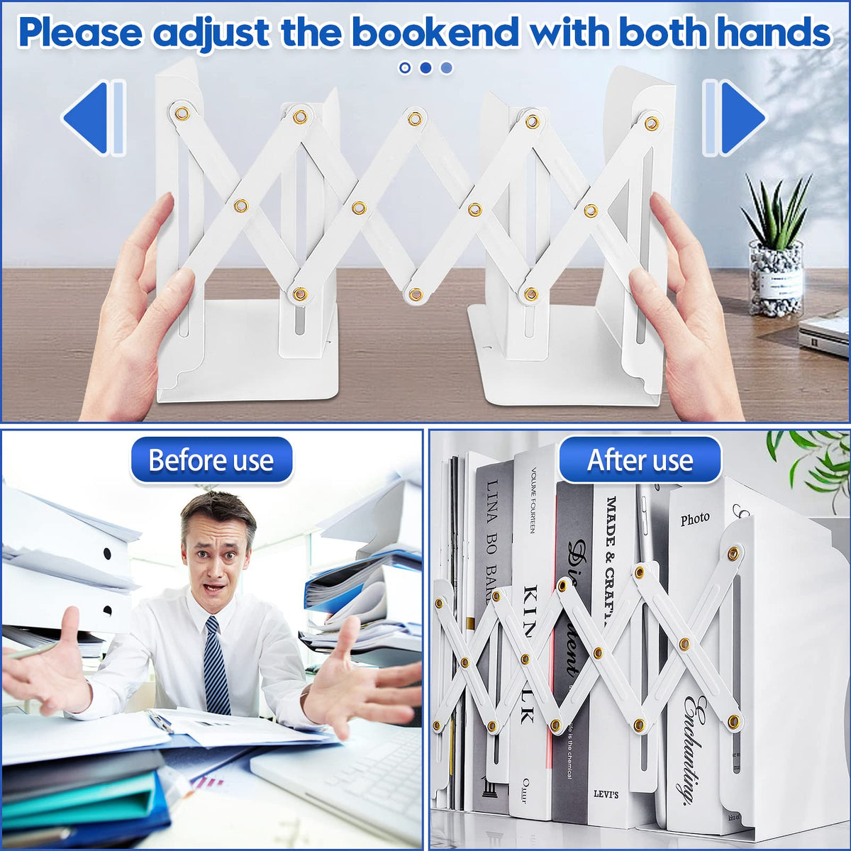 2PCS Heavy Duty Book End to Hold Books, Adjustable Bookends Book Holder for Shelves, White Book