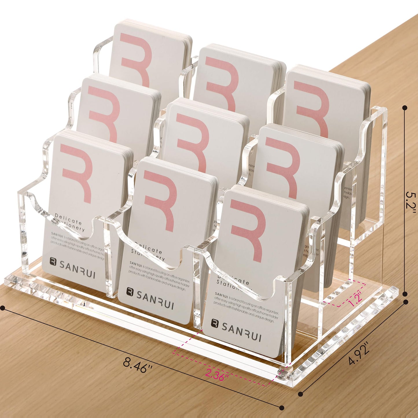 SANRUI Vertical Business Card Holder for Desk，Clear Acrylic Business Card Display Stand，9 Slots 3