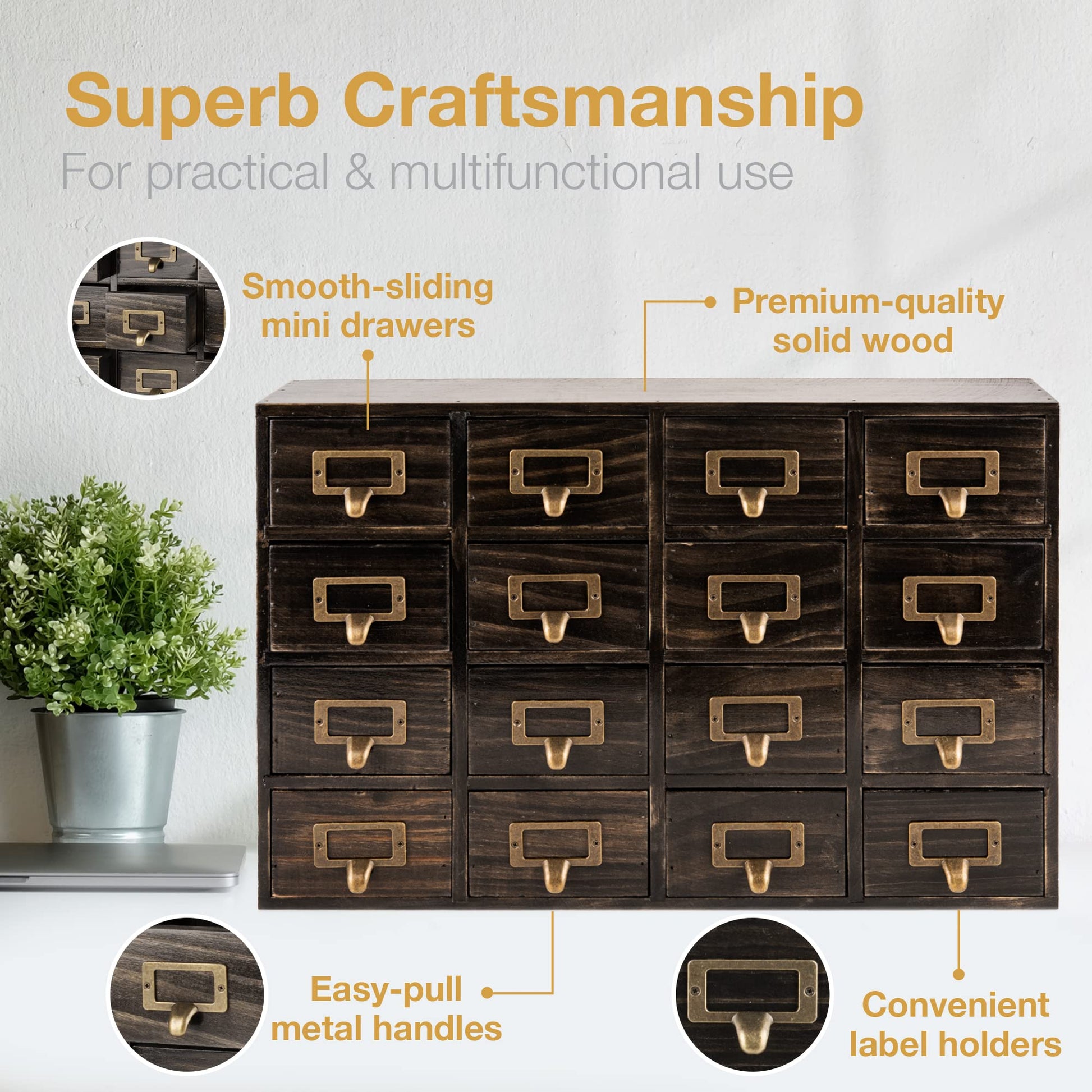 Dark Ash 16-Drawer Card Catalog Artisan Drawer Chest - 20"x3.6"x14" - Desktop Apothecary Crafted in