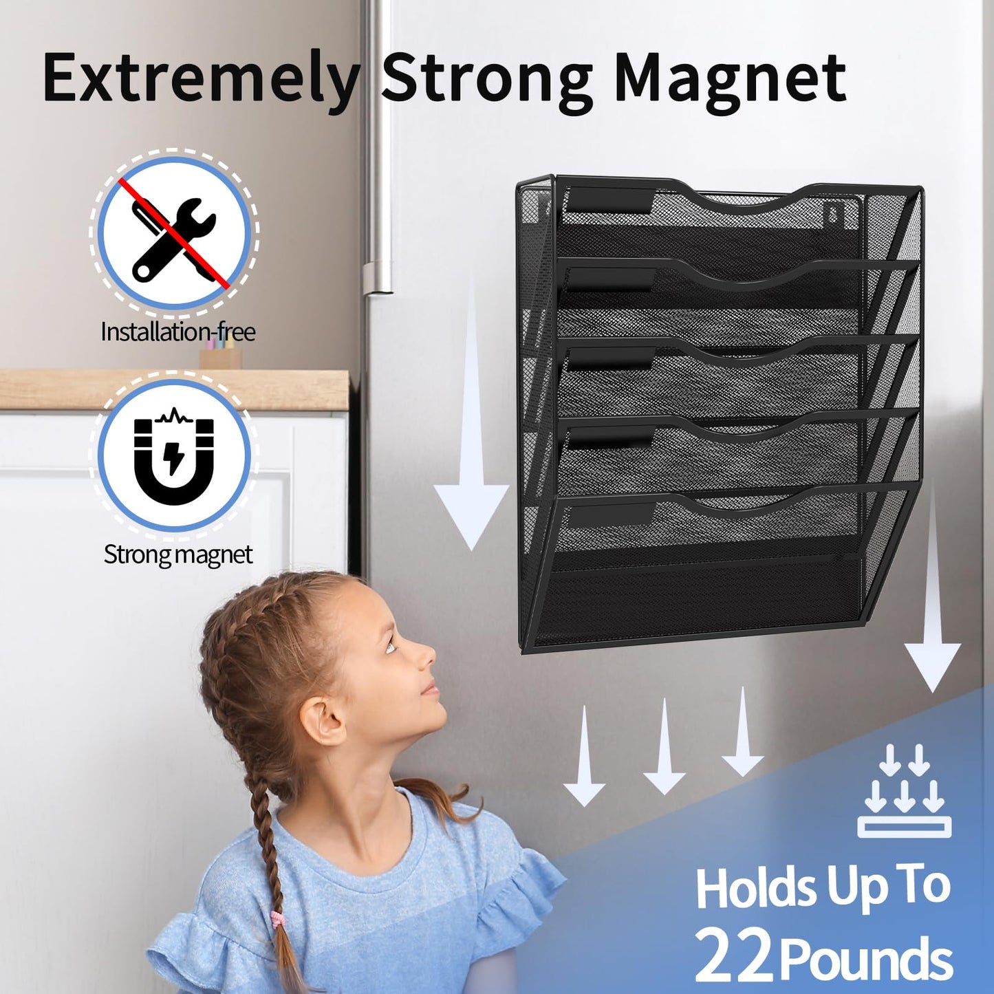 LQPAFZ 5-Tier Magnetic File Holder, No Drilling Installation File Cabinet Organizer, Black Magnetic