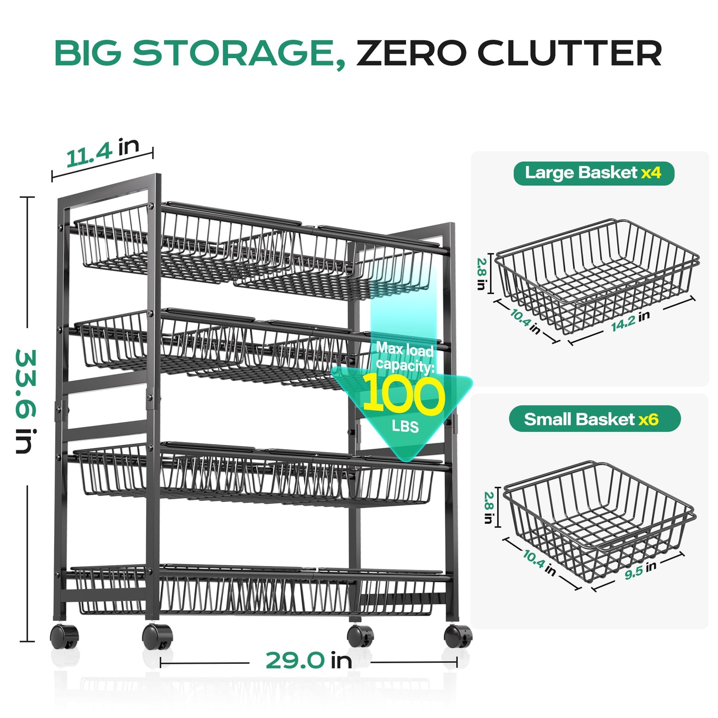 Cinati 4-Tier Snack Cart with Wheels, 29''W Toy Storage Organizer, Rolling Pantry Storage Cart with