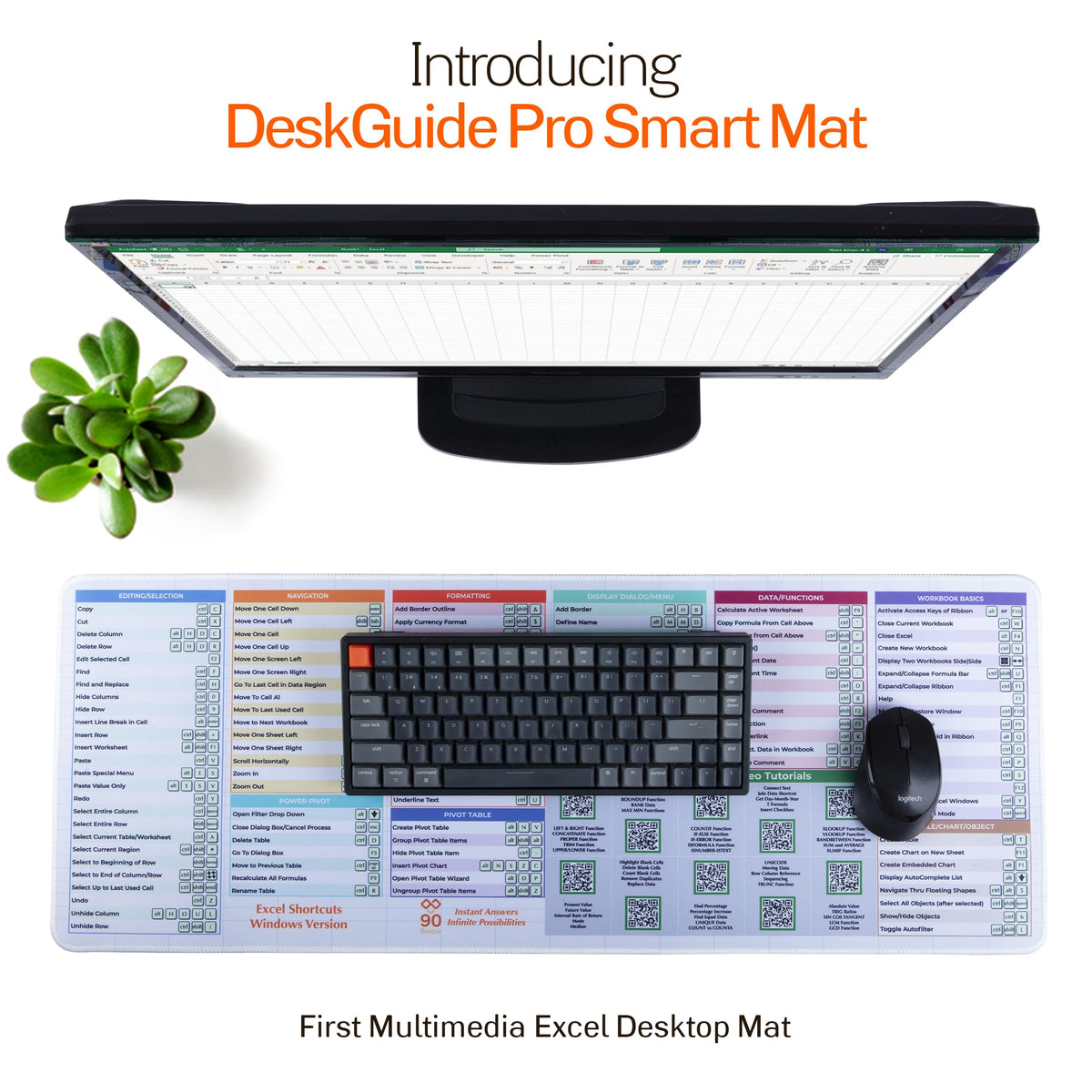 Excel Cheat Sheet Desk Pad - DeskGuide Pro Mouse Pad with 100+ QR Video Tutorials - Excel Shortcuts
