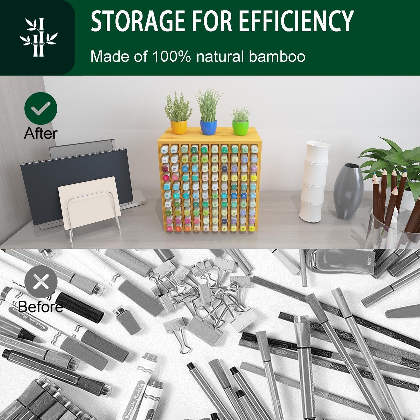 MinBoo Art Marker Storage Organizer for 100 Markers, Bamboo Art Supply Rack, Pens Color Pencils