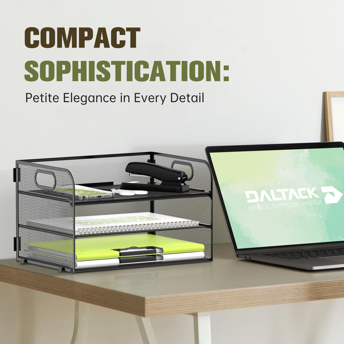 DALTACK 3 Tier Paper Organizer for Desk, Sliding Paper Trays, Black