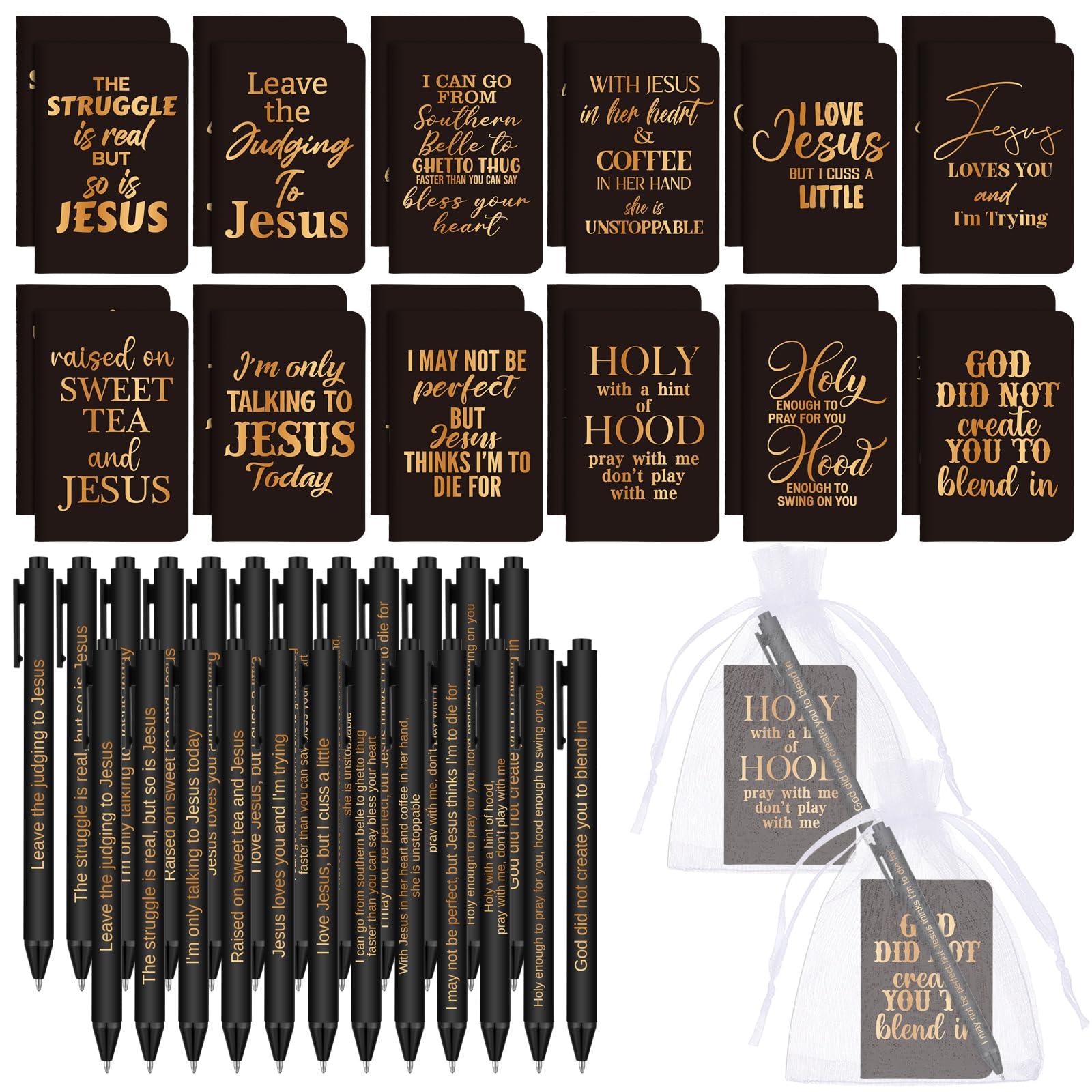 Fuyoooo 72 Pieces Funny Christian Notebooks and Pen Religious Notebooks and Pen with Bag Funny Mini