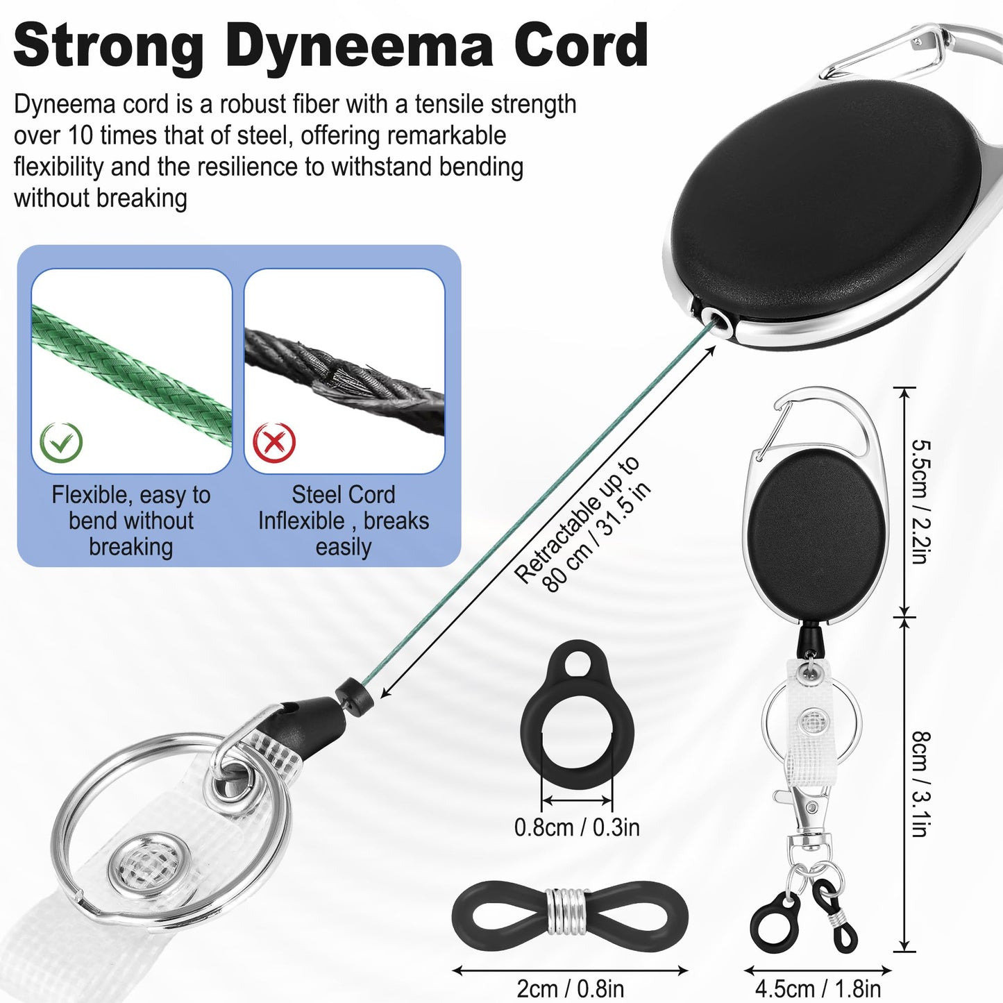 8 Pack Retractable Pen Holder with 32 in Dyneema Cord, Silicone Ring