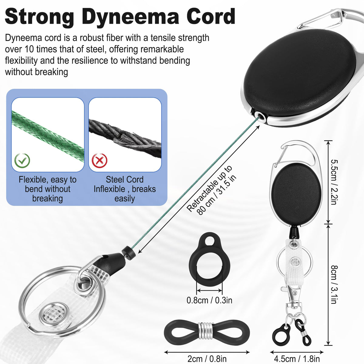 8 Pack Retractable Pen Holder with 32 in Dyneema Cord, Silicone Ring