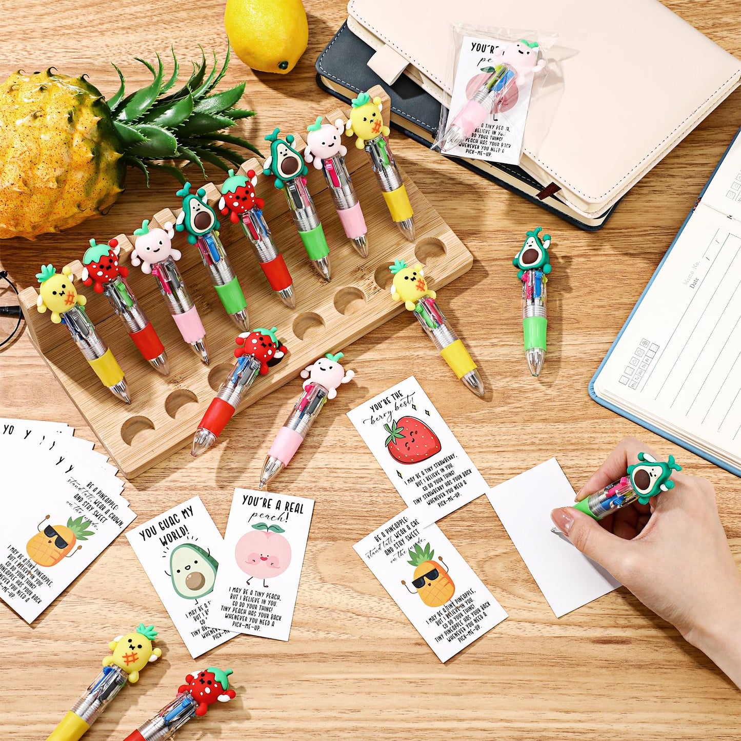 Sayglossy 24 Sets Fruit Party Favor Pens Gifts Bulk, 4 with Positive Cards