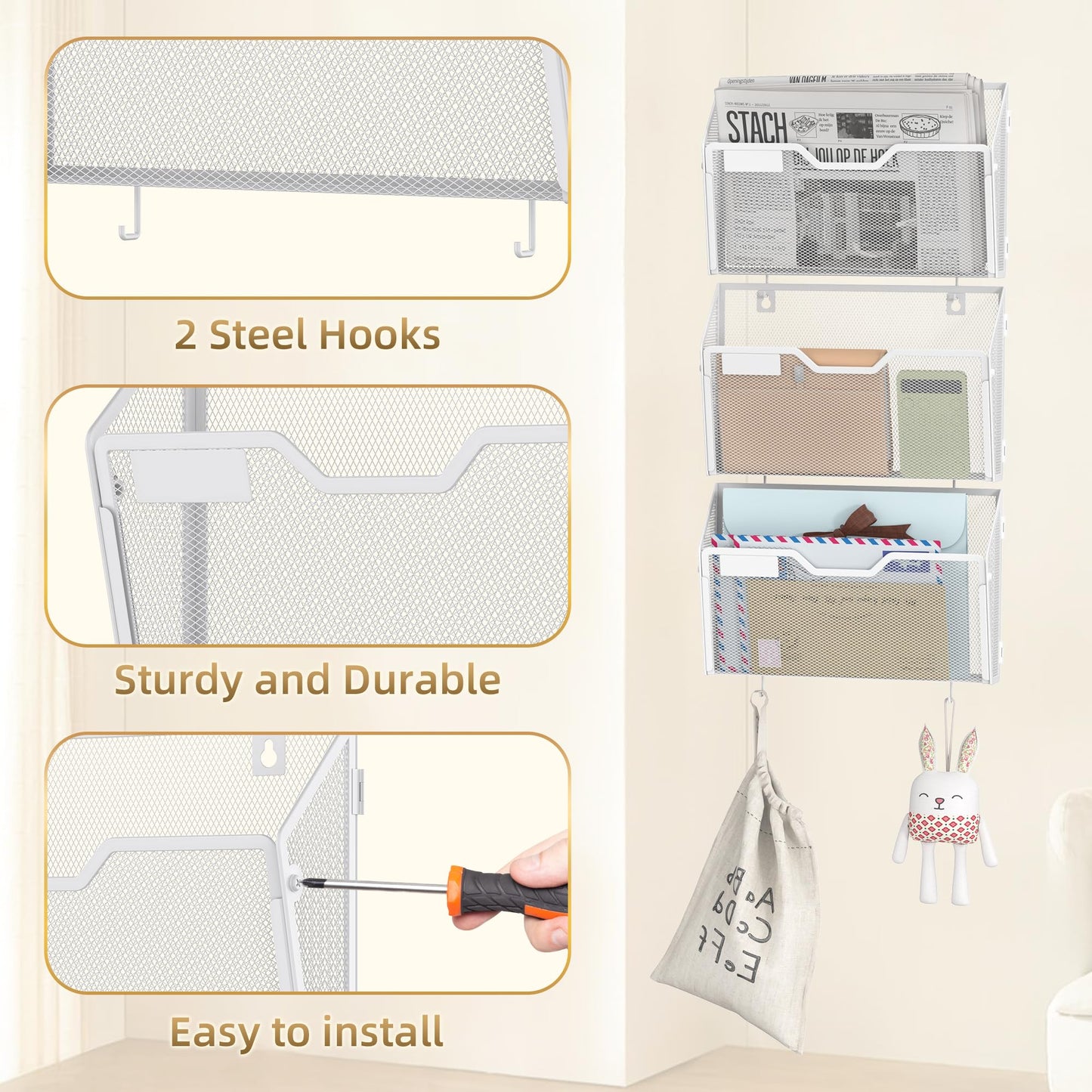 Docnest 3 Pack Mesh Wall File Holders with Hooks for Mail, White