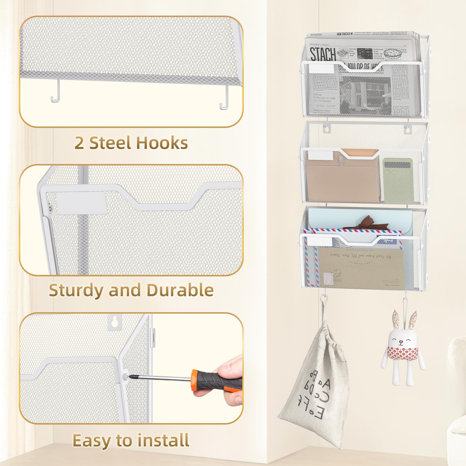 Docnest 3 Pack Mesh Wall File Holders with Hooks for Mail, White