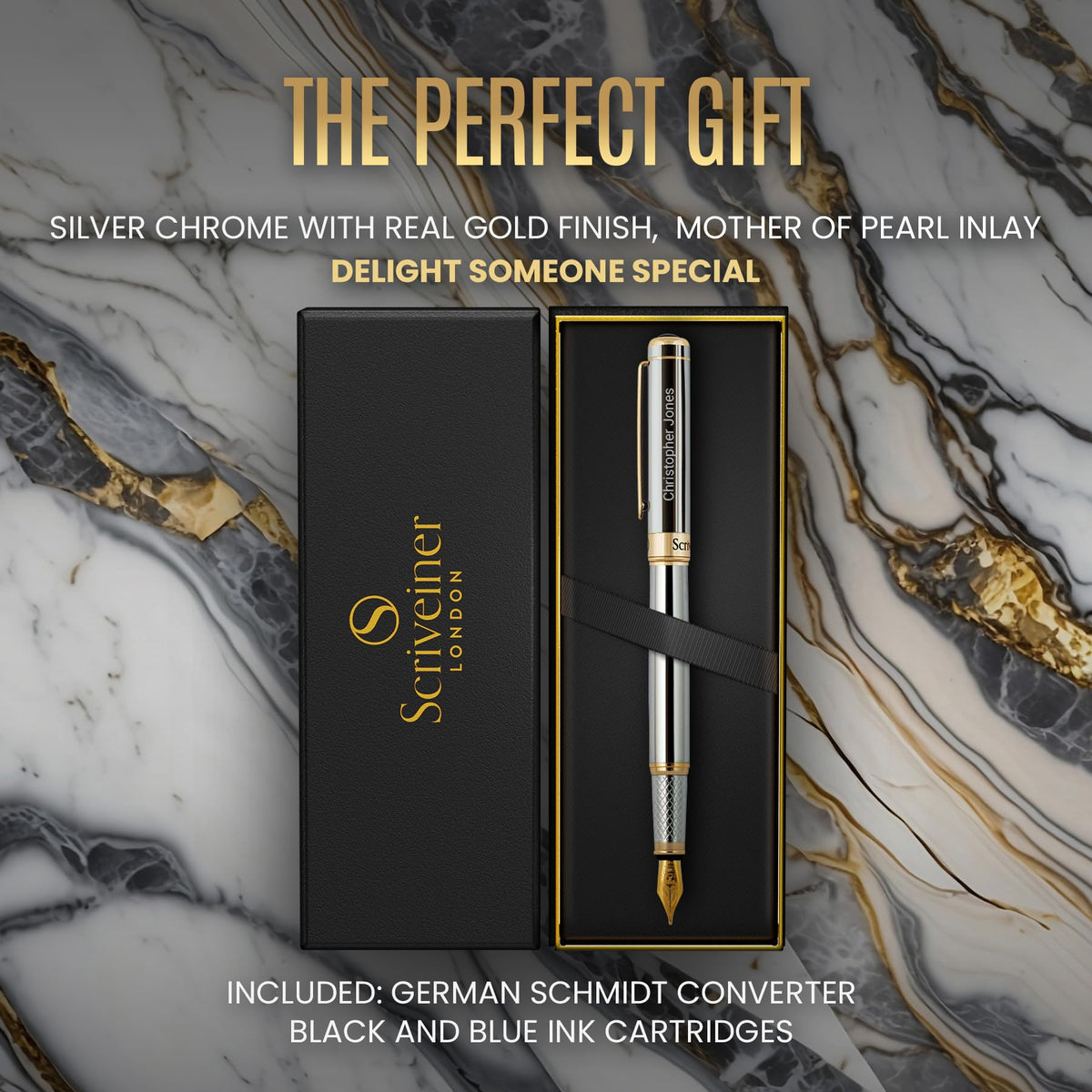 Scriveiner Personalized Silver Chrome Fountain Pen - Stunning Luxury Pen, Real Gold Plating