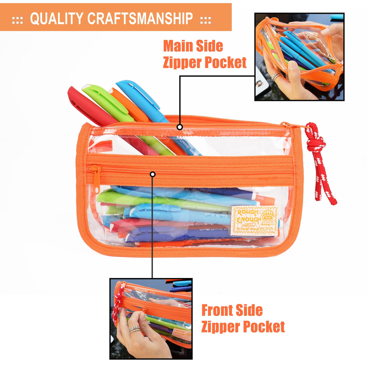 Rough Enough Clear Pencil Case for School, 60+ Pencils Capacity, Orange
