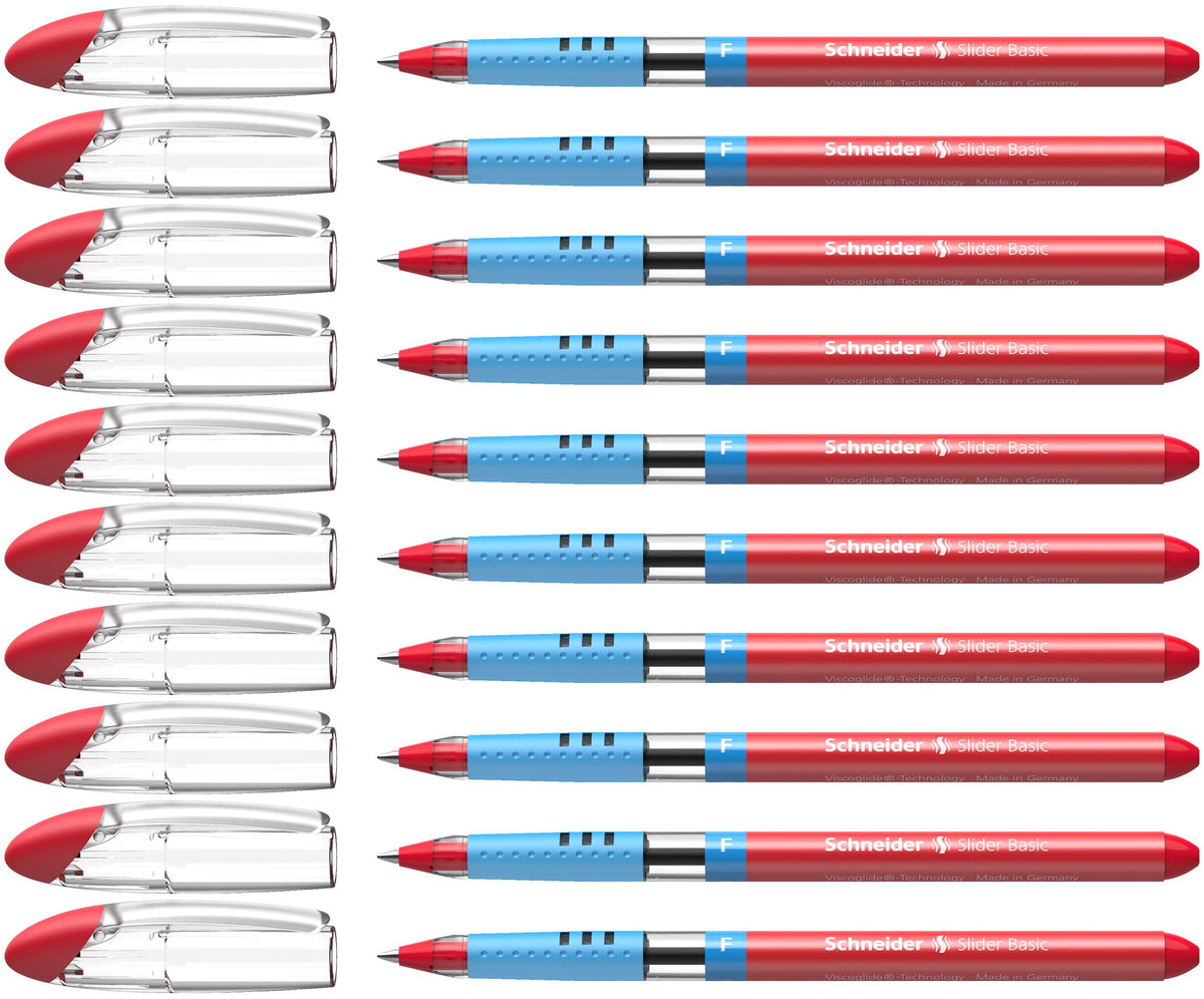 Schneider Slider Basic F (Fine) Ballpoint Pen, 0.7 mm, Transparent Barrel, Red Ink, Box of 10 Pens